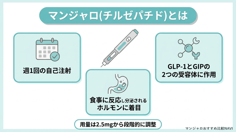 マンジャロ(チルゼパチド)の特徴(週1回の自己注射・GLP-1とGIPの2つの受容体に作用)をまとめた図解