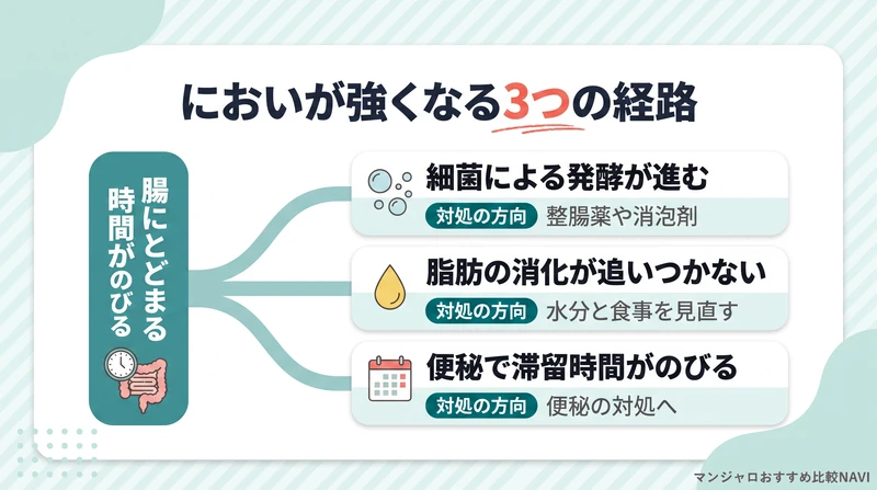 便やおならのにおいが強くなる3つの経路と対処の方向を並べた図